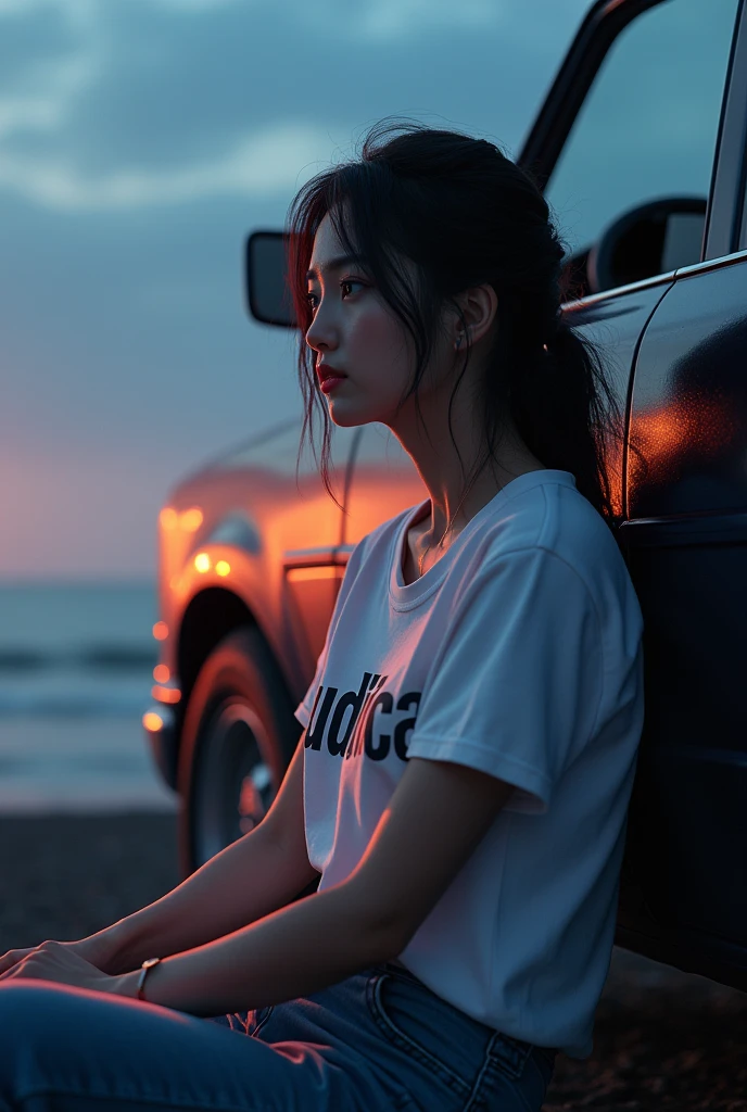 A Japanese woman is sitting next to a car, ("BUDDICA" It is written there),Look away from the viewer, T-Shirts、Upper Body, Cinema Lighting, Shine,Seaside
