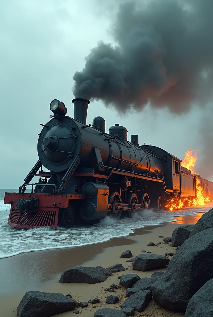 (Photo realism) old vapor train, without rails, crashed on its side, on beach, destroyed on rocks, on fire, outdoors, soft lighting, sea in background, realistic, intricate details, cold colors