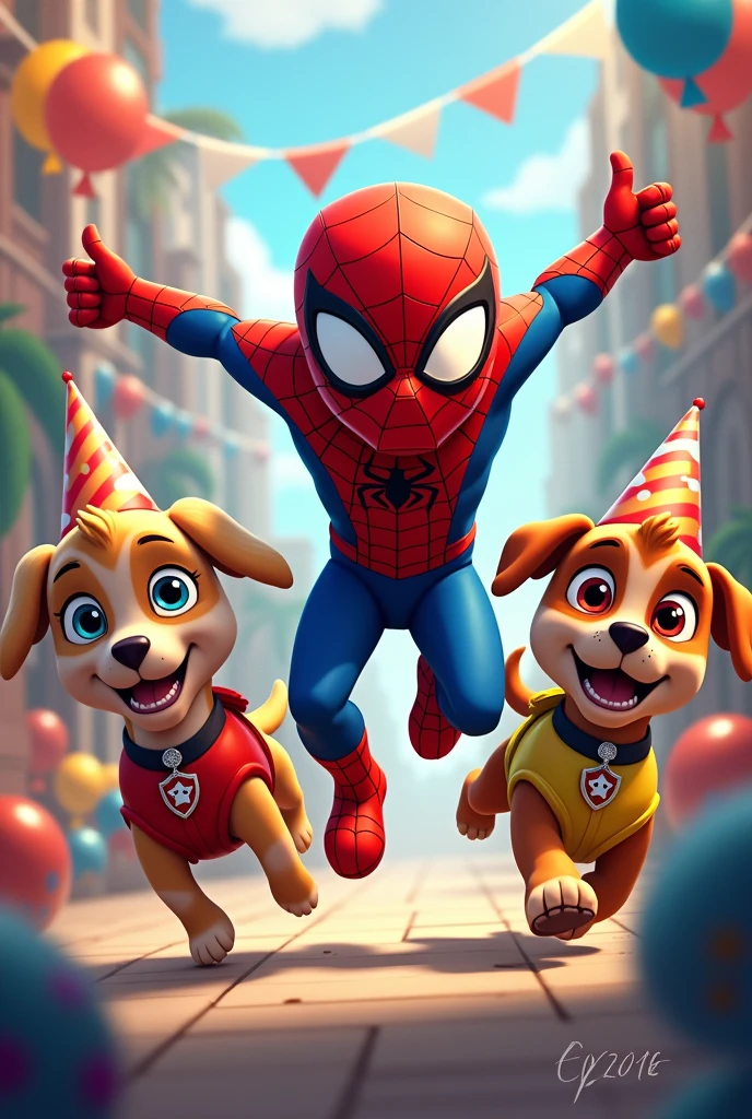Spiderman birthday art, paw patrol dressed as spiderman and dinosaur 