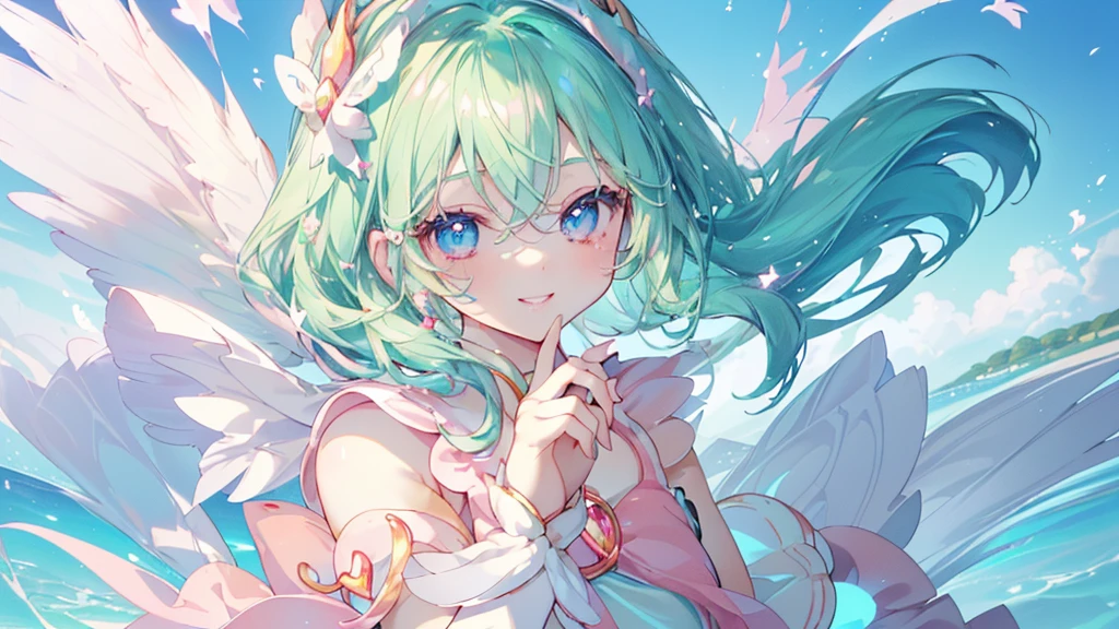 (Top view,Spread your hands), (((Highest quality、masterpiece、Ultra-fine、Ultra-fine、髪UP,Green Hair,Exquisite、Absolute area,dress,16K,cute,Look up,The best smile,Full HD,)), ( ((summer,One person,かわいいMagical girl,)))Blue Eyes、Long eyelashes、White skin、(Pale pink lips、Pale pink cheeks、thin and long)、 ((((かわいいMagical girl,The best smile)), (One person)) 、(blue sky)) 、 ((Magical girl)