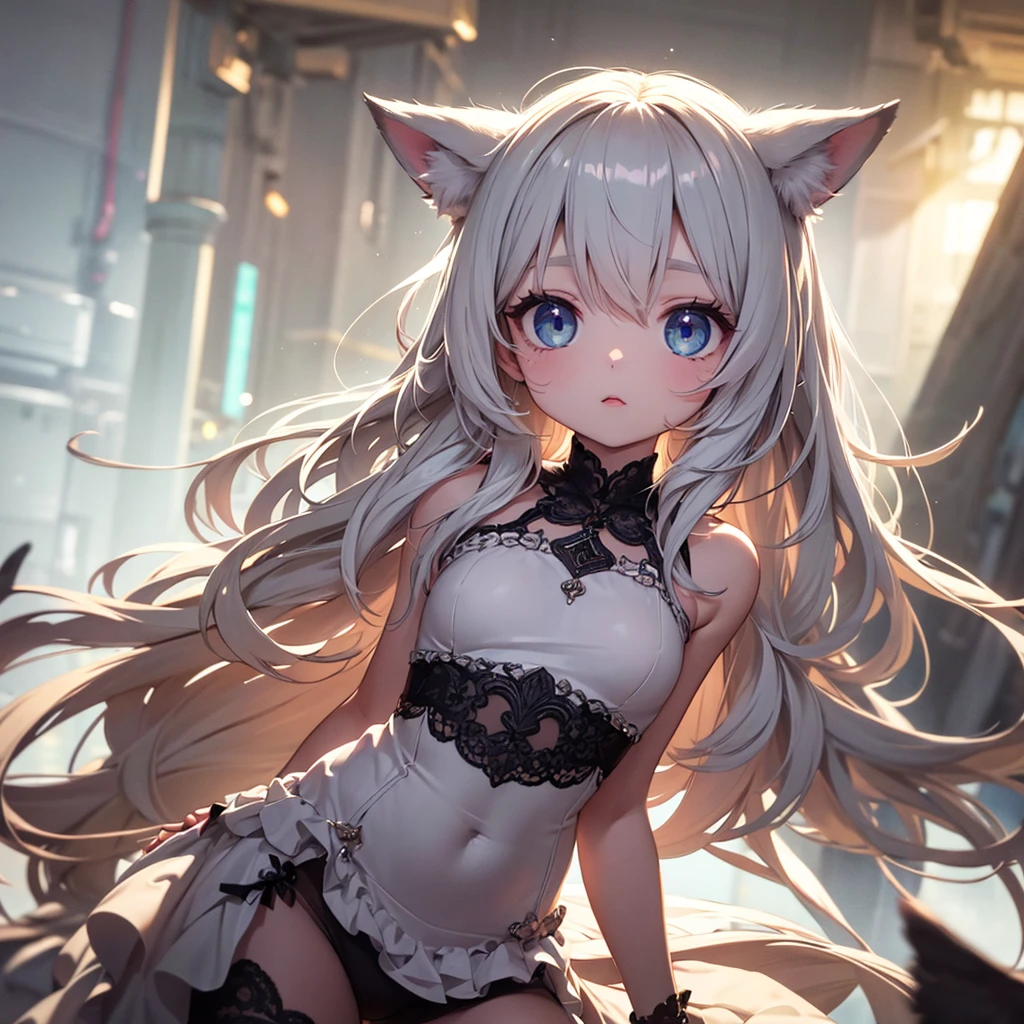 silver hair, dog ears, white dress,wavy hair,delicate features quiet gaze,beautiful half body illustration,beautiful backgraund,atmospheric lighting,sharp focus,vlumetric lighting,cute face,reduce saturation,fine detailed face,small nose and mouth,volumetric top lighting,bold line painting, soft shadow,((masterpiece, best quality)), (1girl), (solo), (female focus),small breasts,flat tits,Lolita,short height,skinny girl,blue eyes,open legs,animal ears,
