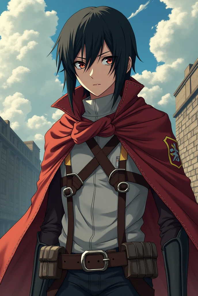 Character Itachi Uchiha from the anime Naruto if he were in the Attack On Titan anime in the animation of the first season with 2D features, full face from the front with the reconnaissance uniform from the front