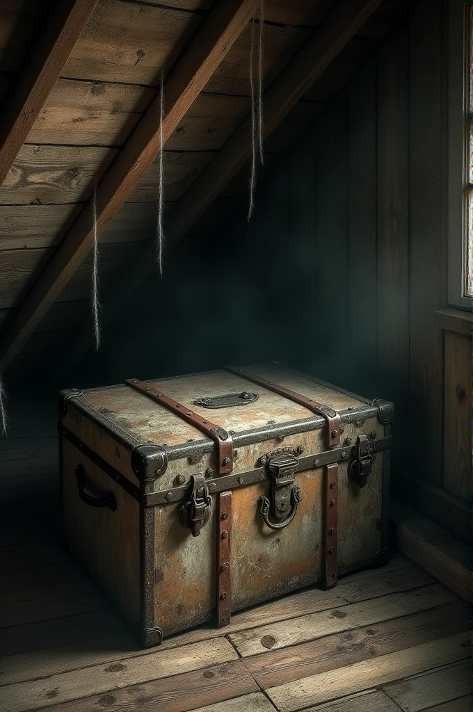 In the attic there is a trunk in the corner