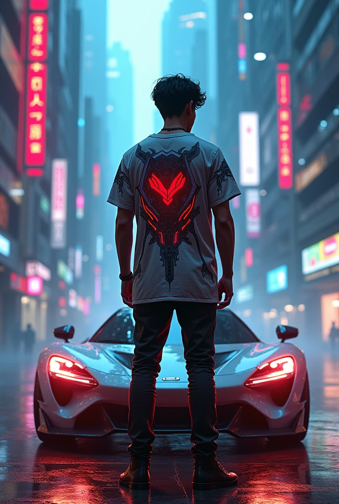 Cyber punk a boy named "TAJAMUL" IN his shirt on back side in a BEAUTIFUL world STANDING WITH SPORTS CAR
