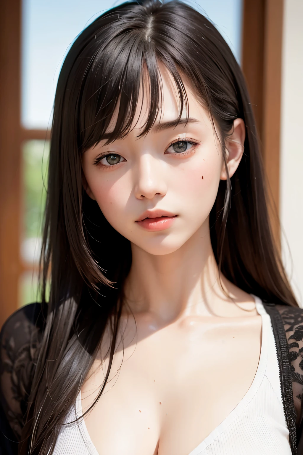 (masterpiece, Highest quality、全てを詳細にRealisticな描画),one person's, alone, Black-haired, scarf, Have, Realistic, Realistic, Looking at the audience, Light-coloured black eyes, Short brunette bob, Brown coat,, lips, prohibit, Plein Air, Upper Body、Big eyes、Beautiful view of sparkling snow lassi))、(((Short bob hair with bangs:1.4、Shiny Hair、prohibit:1.4、Big eyes、large full chest、Highlights the eyes、Gazing at the audience、Beautiful beauty、Listen carefully、Beautiful long neck、A beautiful and charming décolleté、Laugh a little、smile、幸せなsmile、Ideal body type、Beautiful faces with great detail、Beautiful highly detailed eyes、Very beautiful and attractive look)))、{Huge|big|Hugeな|Mega} chest:2, 大きなchestの谷間:2、大きなchestの谷間を見せつける、
