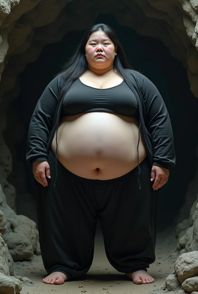 A very obese and fat semi-realistic woman, her weight is 500 kg. She is the fattest Asian woman in history. She has white skin, black hair and yellow eyes. She is morbidly and chronically obese. She has a huge belly and her body is very big and fat. She is wearing a black rabbit outfit that shows off and exposes her fat and her belly appears to be getting bigger. She is in a cave approx.