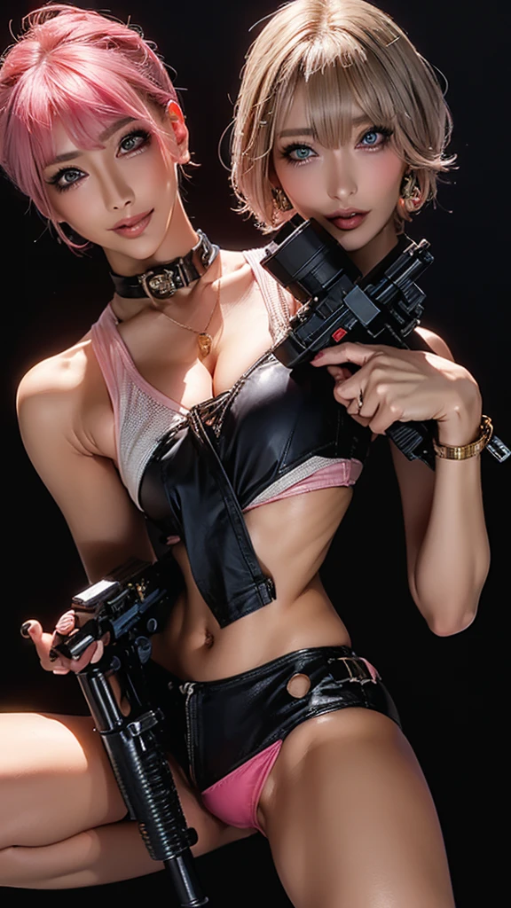 (Highest quality), Realistic, (live-action),(Short Hair,Sharp bangs)Showing off your crotch,Highest quality,Highest quality,8k images,Pink Hair,High heels,Small face,((Big Breasts))Leg spread、1 gun,(((Holding a gun,Hold the gun you have:1.4))),Highest quality32K