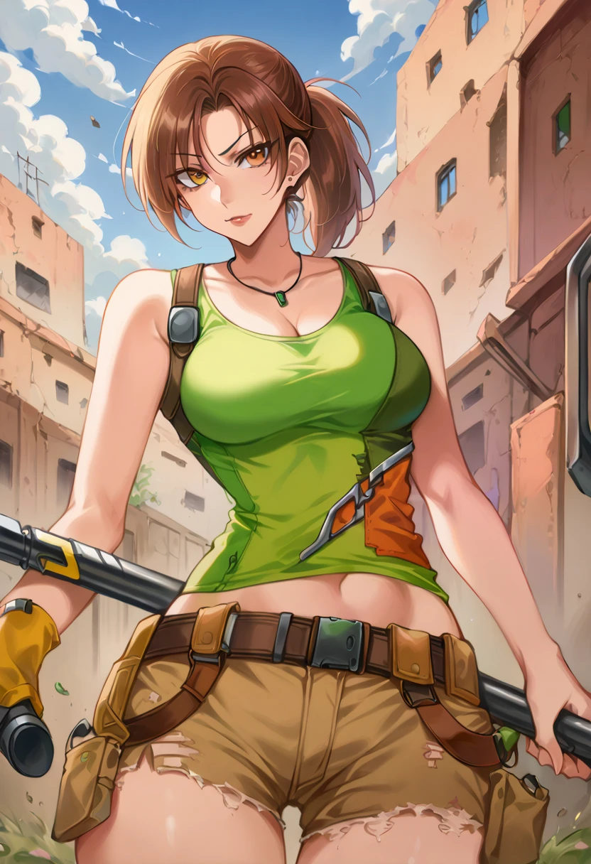 Best quality, masterpiece, naked, panty, serious, sexy pose, Cammo, Sun, hot, dessert, wetting, water, tactical vest, leona from the king of fighters, anime.