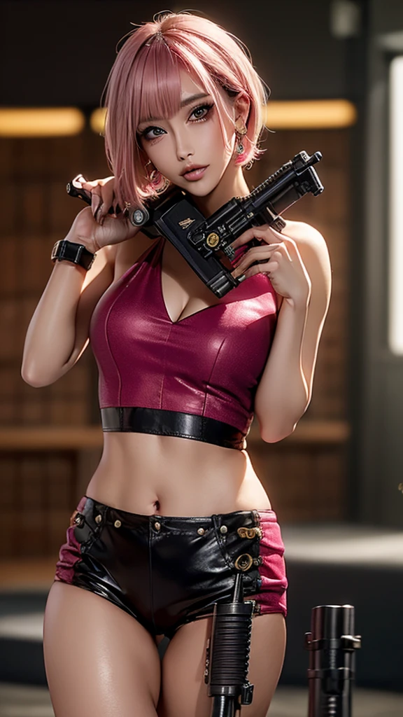 (Highest quality), Realistic, (live-action),(Short Hair,Sharp bangs)Showing off your crotch,Highest quality,Highest quality,8k images,Pink Hair,High heels,Small face,((Big Breasts))Leg spread、1 gun,(((Holding a gun,Hold the gun you have:1.4))),Highest quality32K