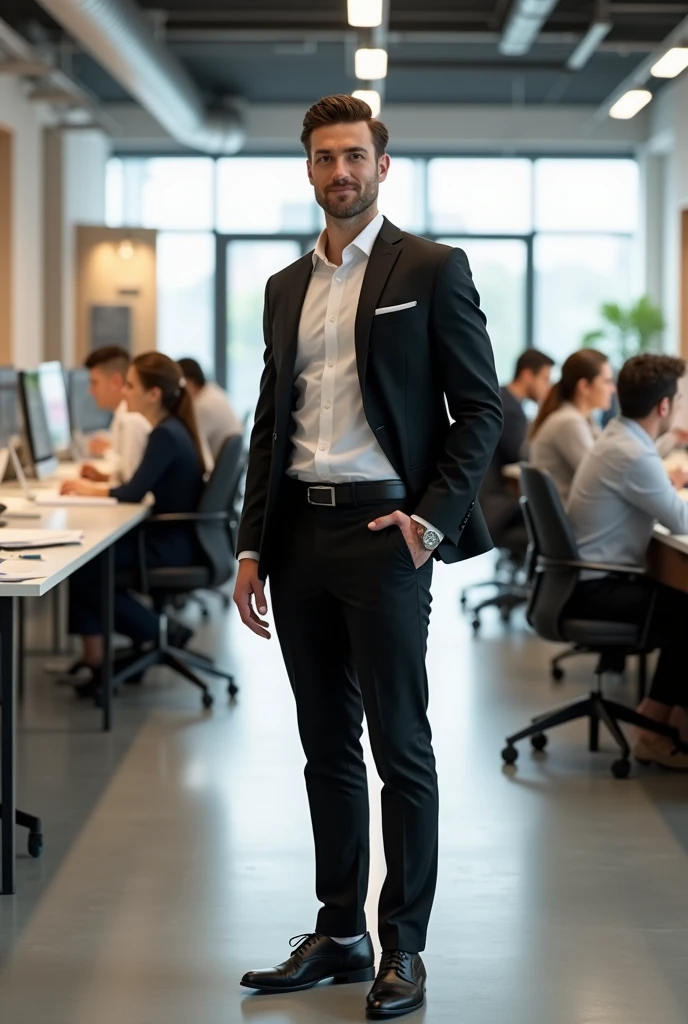 generate me an image of Frank 30 years old wearing a white shirt with a black suit, watch and black shoes in a big architectural company with staff