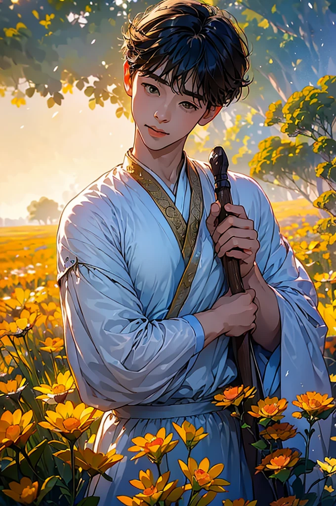 (in 8K、top-quality、masterpiece:1.2)、1 boy、short-haired、Hair short、Brown-skinned、Yellow view、