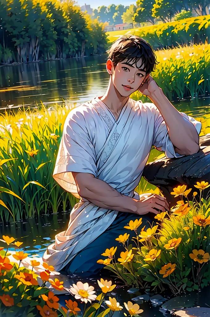 (in 8K、top-quality、masterpiece:1.2)、1 boy、short-haired、Hair short、Brown-skinned、Yellow view、