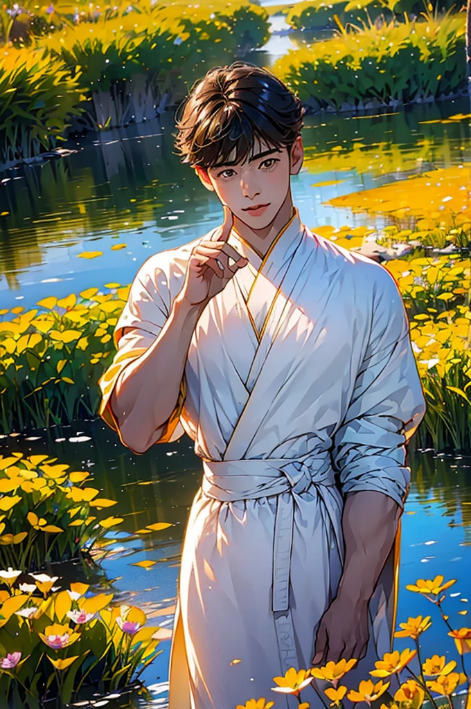 (in 8K、top-quality、masterpiece:1.2)、1 boy、short-haired、Hair short、Brown-skinned、Yellow view、