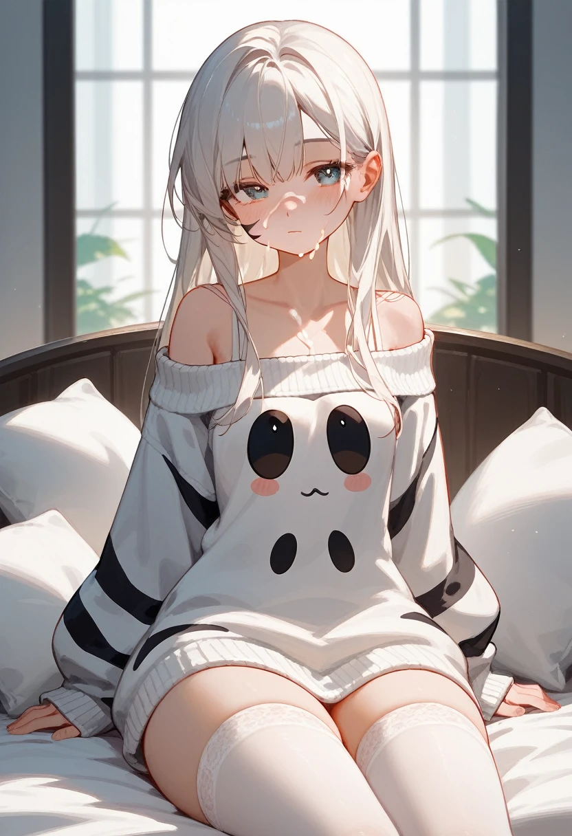 score_9_up, score_8_up, score_7_up, 1 girl, , ager, (beautiful), cute face, beautiful face, sleepy, blushed, wholesome, white high cotton stockings with black stripes, oversized sweater, sitting, (milk on face), medium thighs, high, love, (beautiful), (masterpiece), very aesthetic, best quality, expressive eyes, perfect face