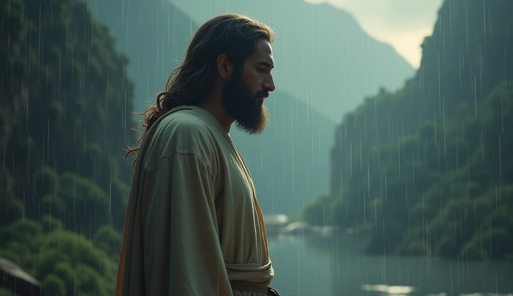 Jesus is standing in the rain with his head turned to the side, Greg Olsen, Jesus Christ, Retrato de Jesus Christ, jesus of nazareth, Wojtek FUS, Vestido como Jesus Christ, The Lord and Savior, ultra realistic digital painting, face of Jesus, cinematic digital painting, Painted by Andreas Rocha, Directed by: Michael Komarck, Jesus, 8K movies