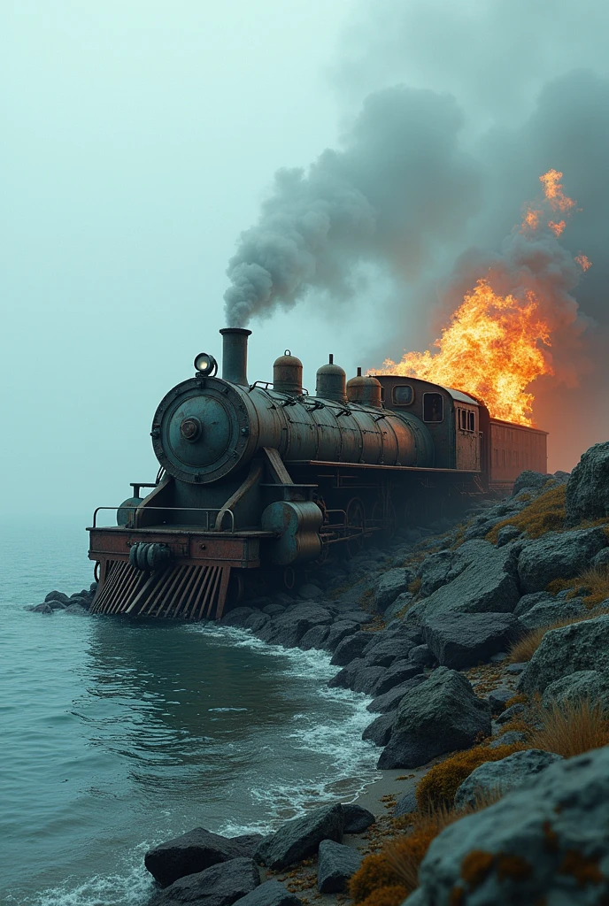 (Photo realism) old vapor train, without rails, crashed on its side, on beach, destroyed on rocks, on fire, outdoors, soft lighting, sea in background, realistic, intricate details, cold colors