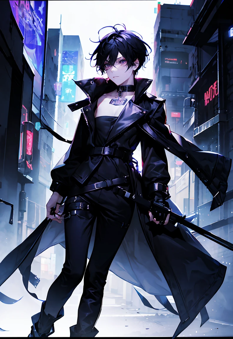 One male character, adult male, bishonen, pretty, handsome, choker, cybernetic inspiration, cyberpunk, alternative fashion, serious angry face, urban setting, cybergoth, night setting, neon lights, medium length hair, white hair with black strands, harness, baggy pants, goth boots, cinematic shot