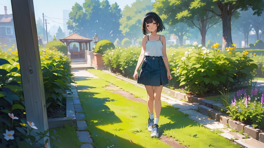 (high quality, High resolution, Very detailed, reality:1.37), Peaceful atmosphere, (Outdoor, garden), age girl standing alone, Beautiful details, The facial expression is clearly visible, Cute Smile, (Black bob hair), camisole, Denim skirt, Blue socks, sneakers.