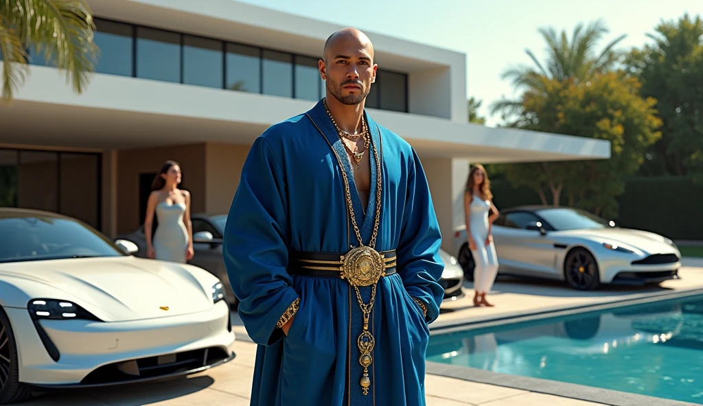 A young charismatic, bald, tanned wizard without showing his body, wizard dress dressed in blue without hat, with jewelry and dollars coming out of his pocket, is standing confidently. Next to you, two stunning women, dressed in sophisticated and minimalist clothes, super sexy, leaning against the cars, representing wealth and attraction. Ao fundo, a large ultra-modern house with an impeccable garden and a swimming pool. High-end sports cars, like a Porsche and an Aston Martin, are highlighted, highlighting a life of wealth and luxury. The scene captures the essence of magical opulence and financial success., with each element emphasizing ultra-royal wealth and prestige, 