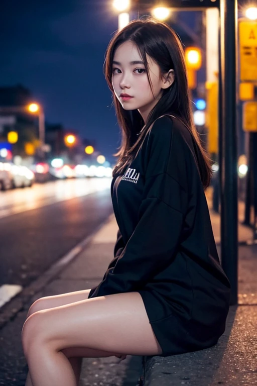 YOUNG WOMAN IN DARK CLOTHES, SITTING ON THE STREET WITH A CITY IN THE BACKGROUND ((at night)) ((pretty Woman))