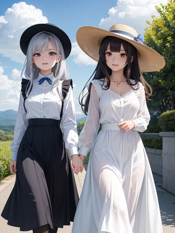 Pastel tones、High definition、Anime-like、Gentle Hills、High and blue sky、A shining white cumulonimbus cloud、(A wide-brimmed hat, silver hair, long skirt and cardigan)With the lady(Classical maid outfit)maid、Two women walking together