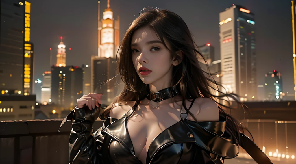 ((masterpiece, best quality, Highest image quality, high resolution, Reality, RAW photos, 8K)), Bustling future city night scene,Girl standing on the roof,Tight leather jacket,Off-shoulder,Large Breasts,Long hair,Pretty face,Closed mouth,dramatic,Upper Body,(midnight)