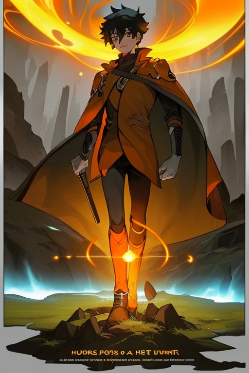 (Best quality, movie poster style), n
"Series name: hunter Aura", World, where every person has auras. Our hero will have an orange color, an orange aura... He will be dressed as a hunter, with black hair. Our hero is on a hill where you can see a dungeon, a cave. Наш герой человек: 1.2), The perfect combination of elements.