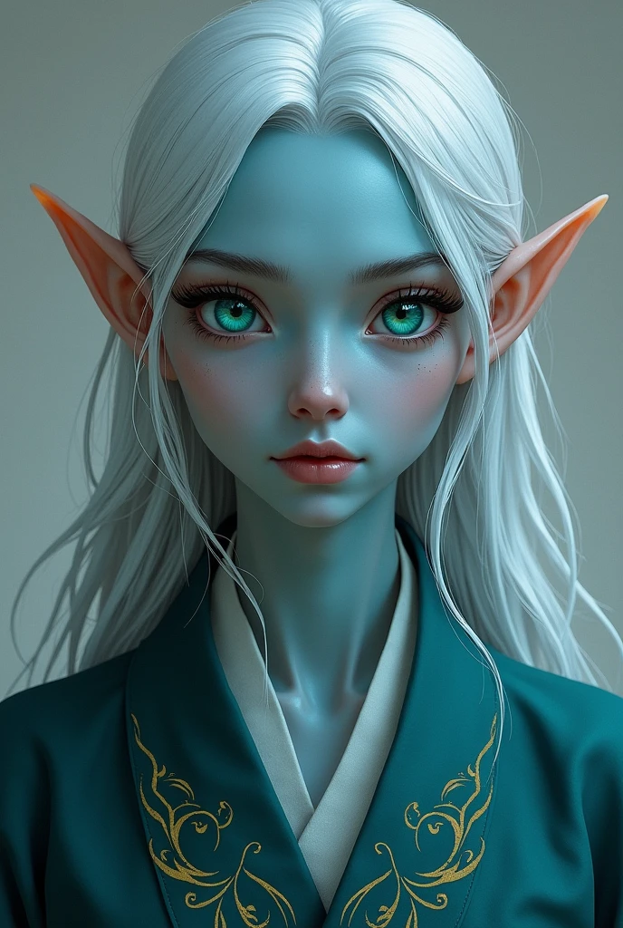 ((best quality)), ((masterpiece)), (detailed), 1girl, Blue skinned half dathomirin with silver hair, pointed ears, and emerald green eyes wearing the clothes of a monk