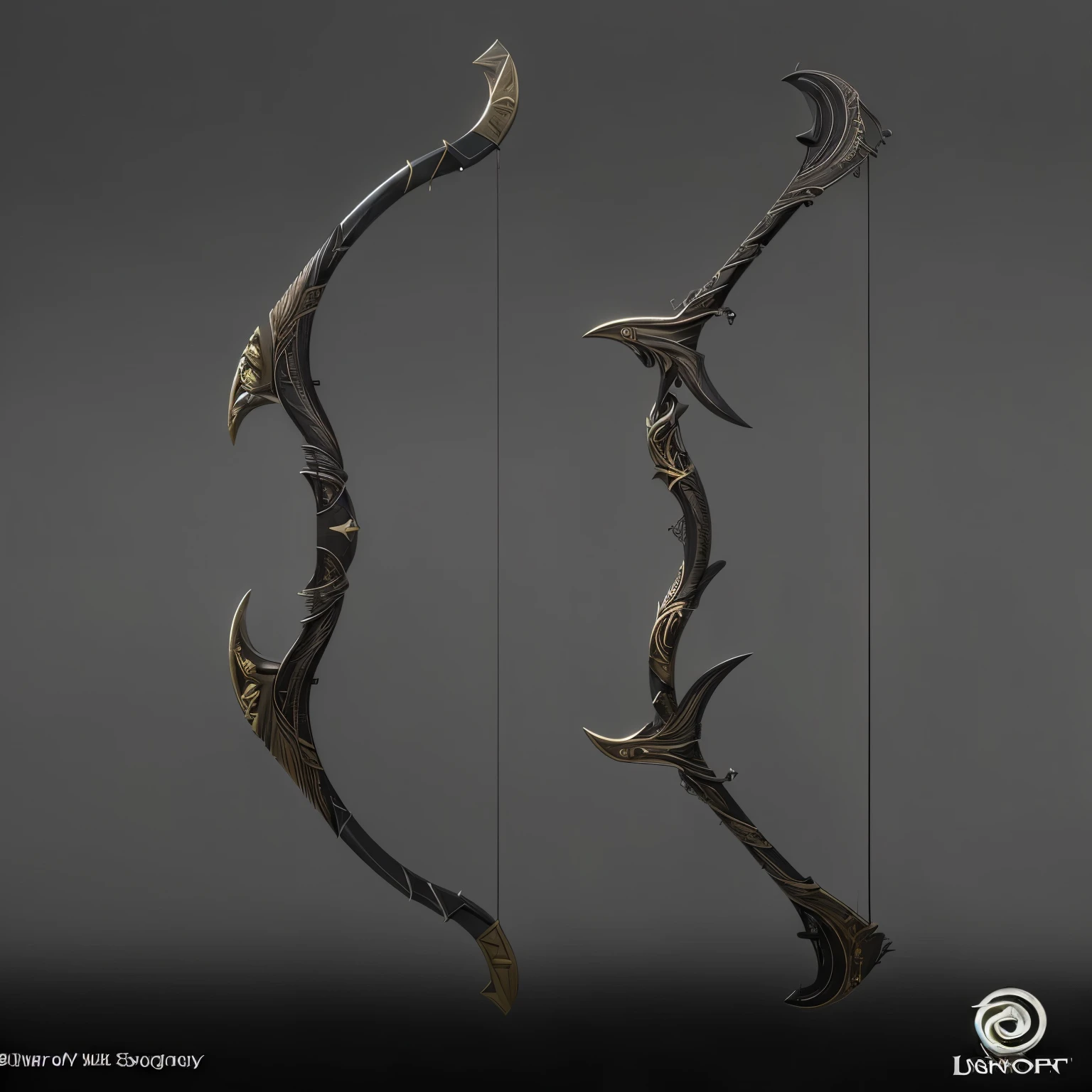 a close up of a bow with a bird on it, weapon concept art, longbow, epic fantasy weapon art, arrowed longbow, fantasy weapon, weapons concept art, weapon design, glaive, archer bow, shortbow, hold mechanical bow and arrow, bow and arrow, magical longbow, highly realistic concept art, scythe design, symmetric concept art