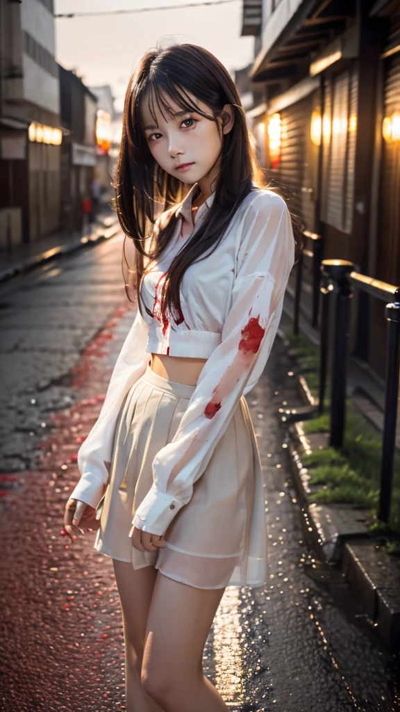 (8K, RAW Photos, highest quality, masterpiece:1.2), (Realistic, Photorealistic:1.37), Ultra-detailed, 超A high resolution, (Battle Royale Heroine), (A beautiful 15-year-old Japanese high school student desperately fleeing from enemies on a deserted island), Fearful expression, School uniforms, uniform, Torn, dirty and tattered sailor uniform, Disheveled clothing, Torn cloth, (Heavily bloodstained clothing:1.5), Short pleated skirt, Torn Skirt, Dirty Hair, Dirty Face, Dirty Skin, (Skin covered in blood:1.5), Riding on mountain roads, Stunningly beautiful face, Dynamic Angle, Dynamic Lighting, (Holding a machete:1.3), (Detailed eyes and face), (Detailed hands and legs), (Perfect Anatomy)
