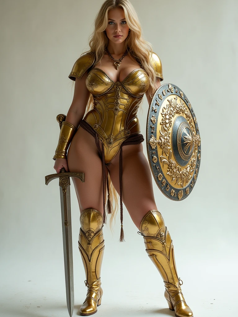 objective: (feature An anorexic DynastySeries Model with superior GIGANTIC , tiny  abs waist), subject: (Amazon with voluptuous lower body, feminine figure, A bottom-heavy, superior Goddess  , with the worlds 🌎 largest , zero waist), Hair: She has a very long blonde hair. mood: (), attire: (), personality: (), An Amazon posing with confidence and courage. Body: the  are tiny and small, The waist is tiny zero. wide  are voluptuous and very strong trapezoidal and toned. Her body is voluptuous and delicate and Womancore. She has an immensely full round and protruding  glutes. Face: like Courtney Cox. Image style and definition: (ultra realistic photo, feminine figure, portraits, intense detail, Reductionist form, UHD, mujercore.) Clothes: Amazon armoured suit. The armor is bright metallic with flowers and intricate details. She has a long sword and a shield with relief symbol. Background: white room. #HyperAss #BottomHeavy #WideHips #HugeAss