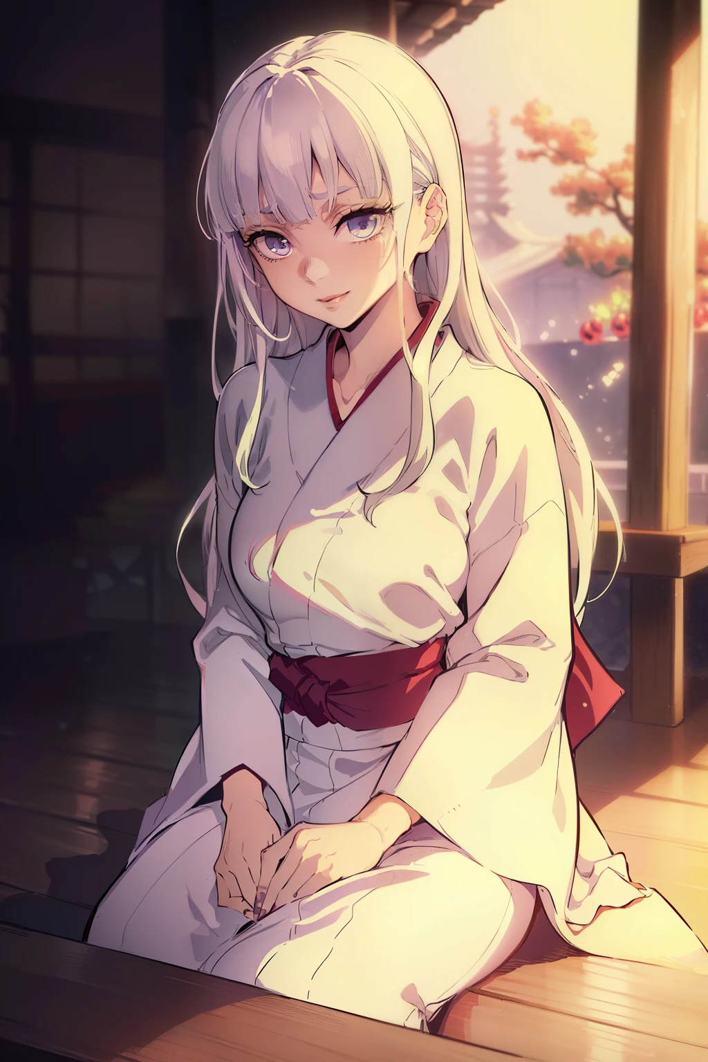 (high-quality, breathtaking),(expressive eyes, perfect face) (((yukata, sexy lips)), 1girl, female, solo, young adult, white hair, jade coloured eyes, stylised hair, gentle smile, long length hair, loose hair, side bangs, tied up, japanese clothing, elegant, soft make up, hair pin accessory in hair, demon slayer art style