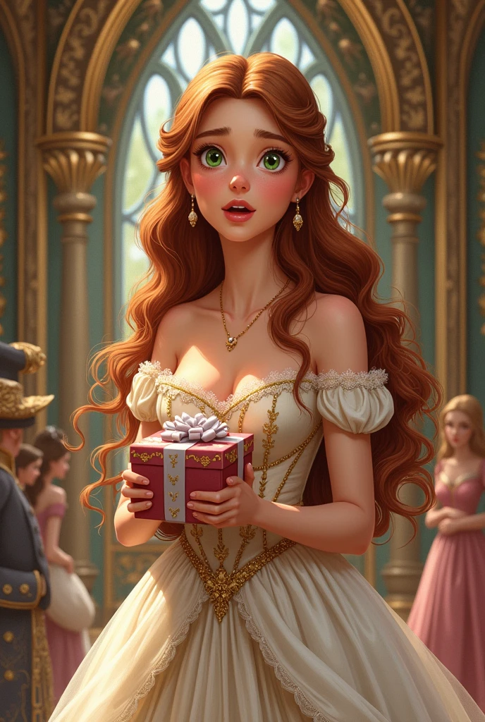 Book drawing of a beautiful princess with bronze hair and green eyes surprised to receive a gift from her parents ( the king and the queen) inside a castle full body drawing 