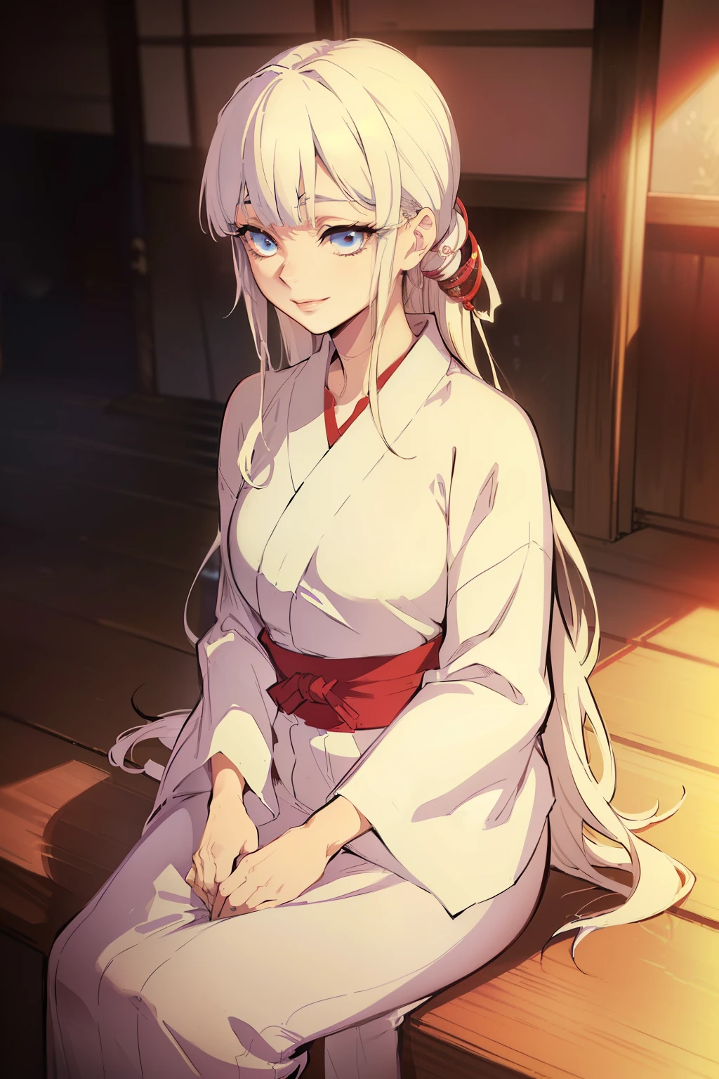 (high-quality, breathtaking),(expressive eyes, perfect face) (((yukata, sexy lips)), 1girl, female, solo, young adult, white hair, jade coloured eyes, stylised hair, gentle smile, long length hair, loose hair, side bangs, tied up, japanese clothing, elegant, soft make up, hair pin accessory in hair, demon slayer art style