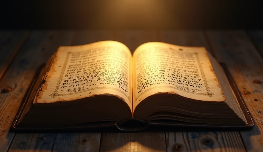 An open old book, with yellowed pages and text in Hebrew, placed on a rustic wooden table. Soft light illuminates the text, creating an atmosphere of reverence and spirituality.