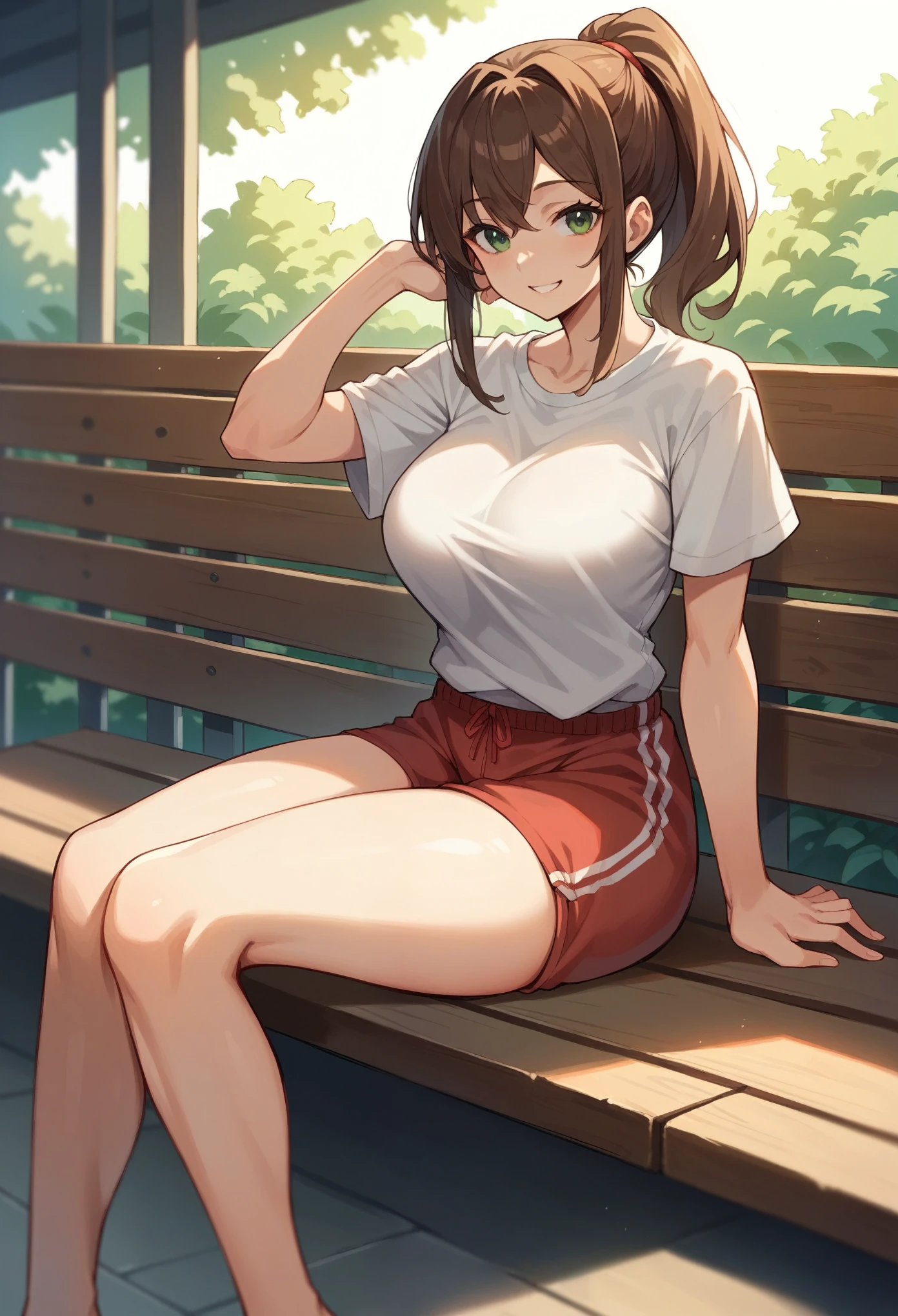 (masterpiece:1.2, Highest quality),(Anime Style),Visible from the knees to the head,morning,Sitting on a bench,student,smile,Green Eyes,Brown Hair,ponytail,Very large breasts,White T-shirt,Red Tight Bloomers