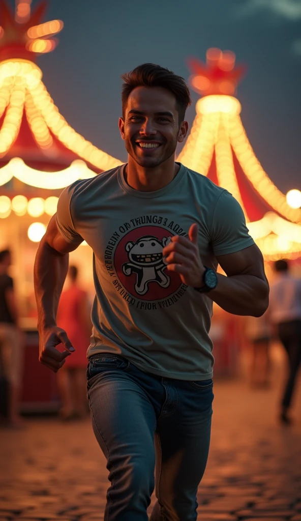 photorealistic, best quality, masterpiece, extremely detailed, sexy, homoerotic, extremely handsome, youthful, 25 year old muscular bruneian man, ((muscular bodybuilder)), massive thighs, fitted graphic print tshirt, tight jeans, big smile, happy, holding out a stuffed toy towards camera, running towards the camera, at funfair carnival, at midnight, ambient lighting, dramatic shadows, extremely romantic atmosphere, perfect face, perfect fingers, perfect hands, perfection