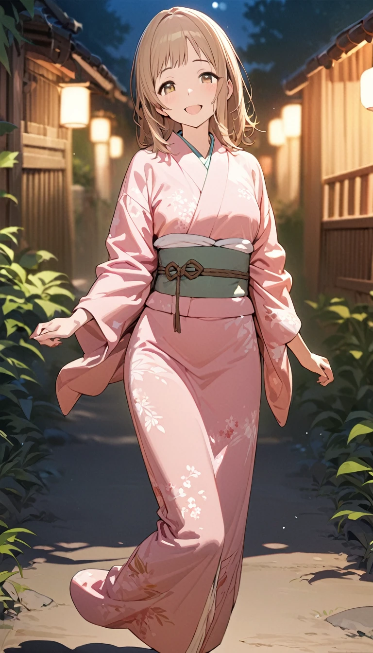 (masterpiece),(Highest quality),(Very detailed),(Best illustrations),(Best Shadow),(Absurd),(Detailed Background),(so beautiful), One person, alone, Sakuragi Hand, smile, Open your mouth, whole body, Brown Hair, Brown eyes, Night Background, Pink kimono, Beautiful eyes in every detail, Background blur, Outdoor, Nature background, Dark Background