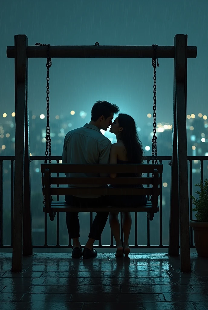 Couple in balcony, on one old wooden swing chair,Rainy night, dark night