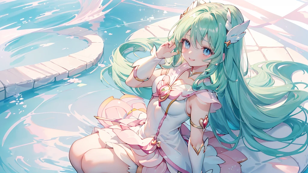 (Top view,Spread your hands), (((Highest quality、masterpiece、Ultra-fine、Ultra-fine、髪UP,Green Hair,Exquisite、Absolute area,dress,16K,cute,Sitting,The best smile,Full HD,)), ( ((summer,One person,かわいいMagical girl,)))Blue Eyes、Long eyelashes、White skin、(Pale pink lips、Pale pink cheeks、thin and long)、((かわいいMagical girl,The best smile)), (One person)) 、(blue sky)) 、 ((Magical girl)