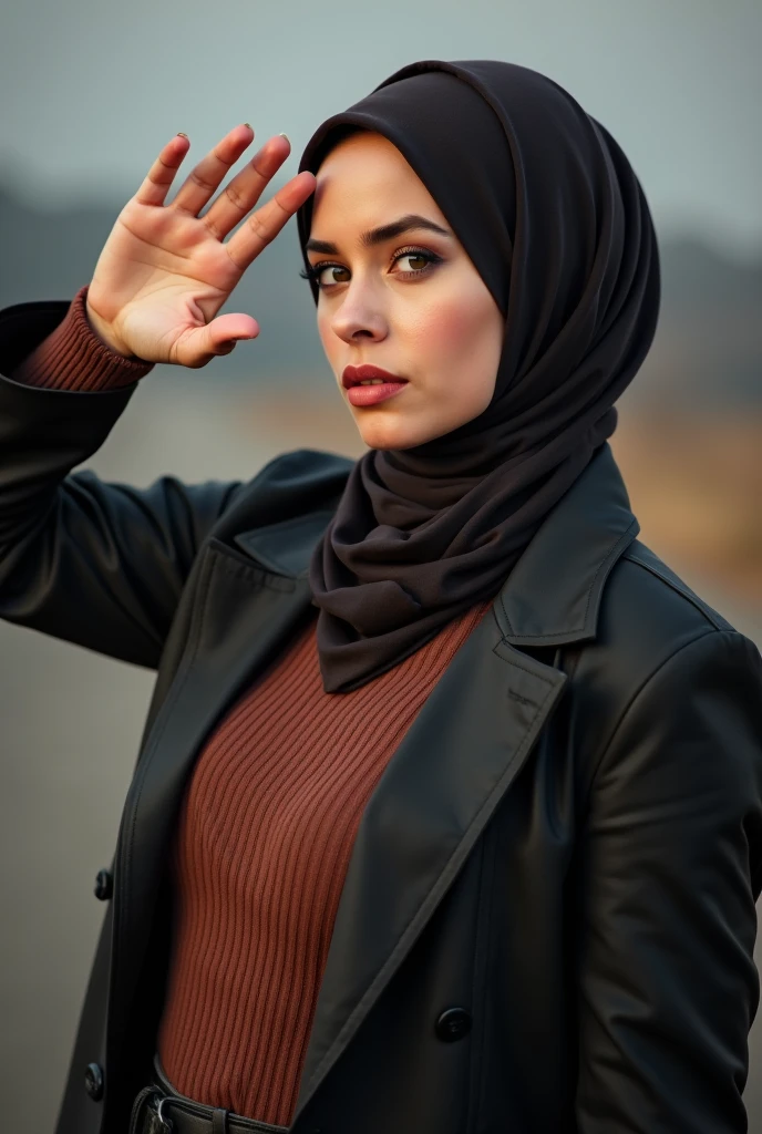 make me a photo of a woman wearing a hijab posing like a nazi salute
