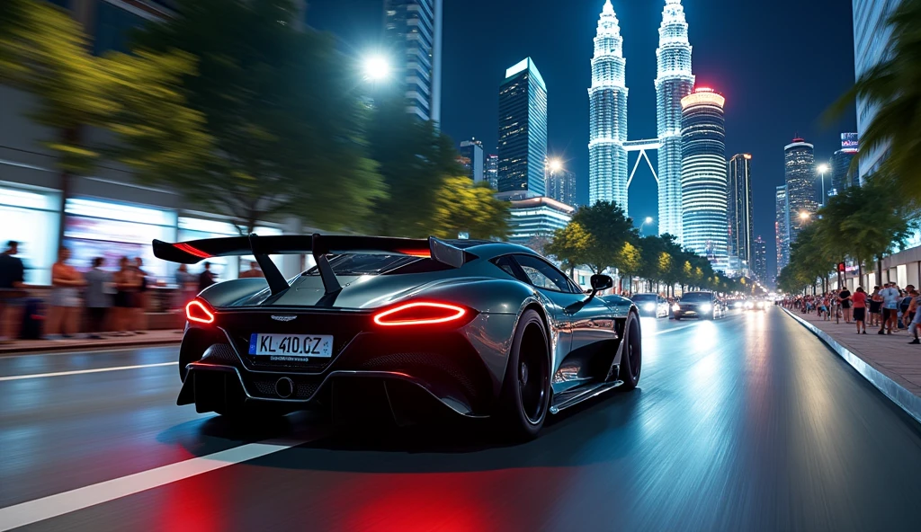 a photo of a Aston Martin Vulcan ((45 degrees side view)) drifting on a road through Kuala Lumpur city centre, with KLCC Twin Tower in the background, with crowd watching from pavement, night time, busy city, neon lights, detailed and realistic photo. High resolution photo