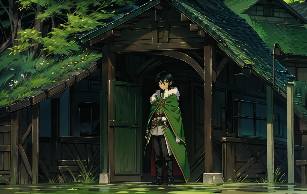 yuichiro hyakuya, (WithoutFear:1), 1 boy, black hair, green eyes, brown coat, gray armor, green shield, green cloak, dark brown gloves, town, white fur trim, tall, anime, standing, good quality, portrait, looking at viewer