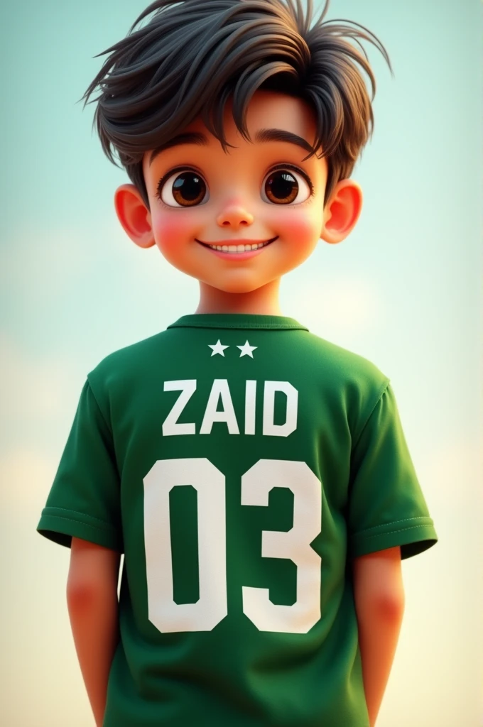 Create a image of a boy which wears shirt Pakistan Independence day and write back side of shirt is name "Zaid" and number "03"