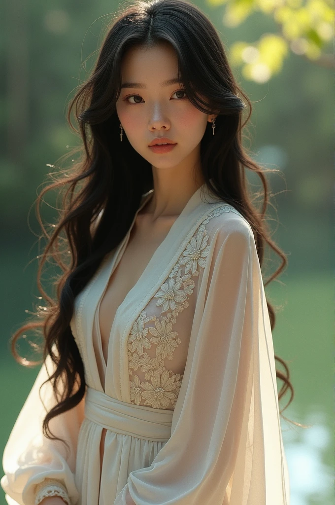 White woman with long black hair wearing a white kebaya