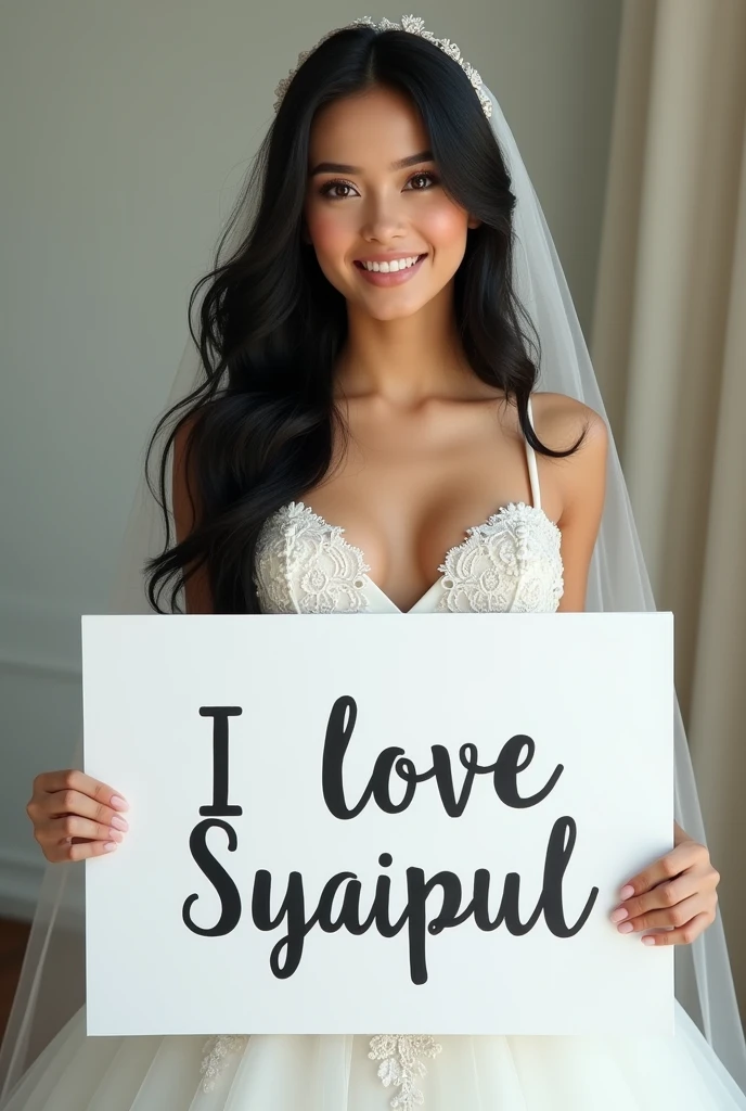 Beautiful girl with black long hair, wedding dress, holding a white board with text "I Love Syaipul" and showing it to the viewer
