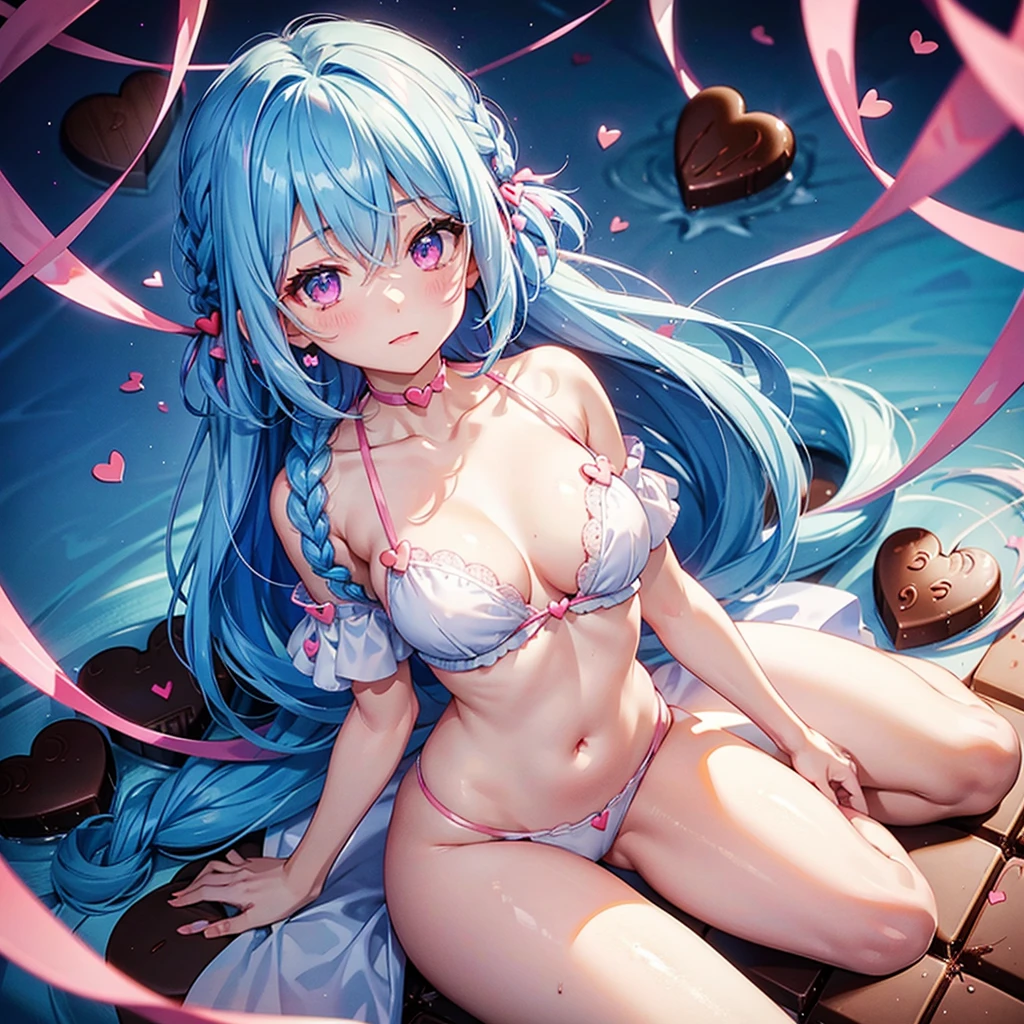 Sky Blue Hair、Braided Short Hair、Pink Eyes、Fair skin、whole body、One person、Shy、Lots of hearts in the background、(Heart-shaped chocolate)、Chocolate Angel、valentine&#39;s day、masterpiece、Highest quality、Very detailed、Best Shadow、Detailed Background、Beautifully detailed face、High contrast、Best lighting、Very delicate and beautiful、Cinematic light、Hyper Detail、8k、Dramatic Light、Exquisite detail、