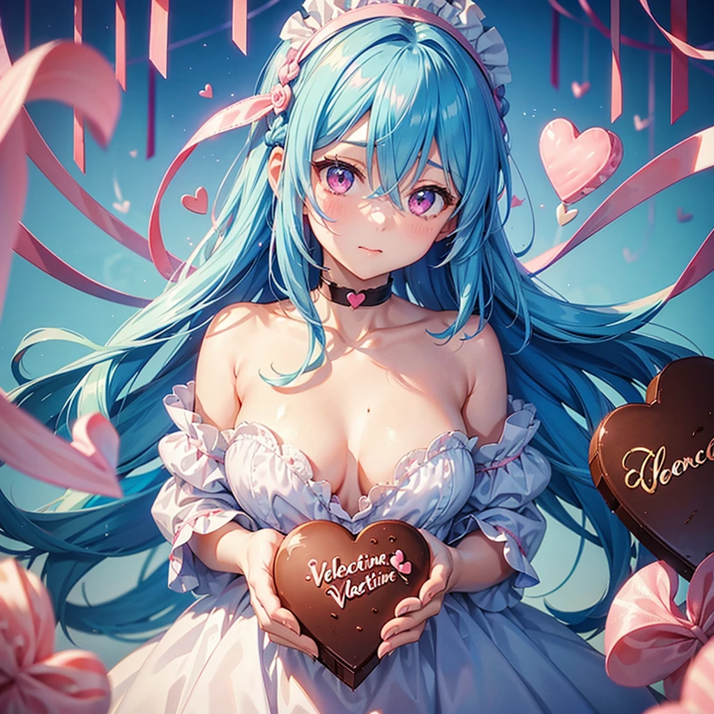 Sky Blue Hair、Braided Short Hair、Pink Eyes、Fair skin、whole body、One person、Shy、Lots of hearts in the background、(Heart-shaped chocolate)、Chocolate Angel、valentine&#39;s day、masterpiece、Highest quality、Very detailed、Best Shadow、Detailed Background、Beautifully detailed face、High contrast、Best lighting、Very delicate and beautiful、Cinematic light、Hyper Detail、8k、Dramatic Light、Exquisite detail、