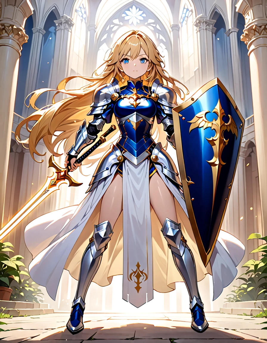 (((masterpiece, best quality, high detailed, 16k))) (1girl) A noble knight with flowing blonde hair and bright blue eyes, clad in shining silver armor adorned with royal blue accents. She carries a large shield emblazoned with a regal lion and wields a longsword that glows with holy light. Her stance is strong and unyielding, exuding an aura of protection and valor. ((full body view))
