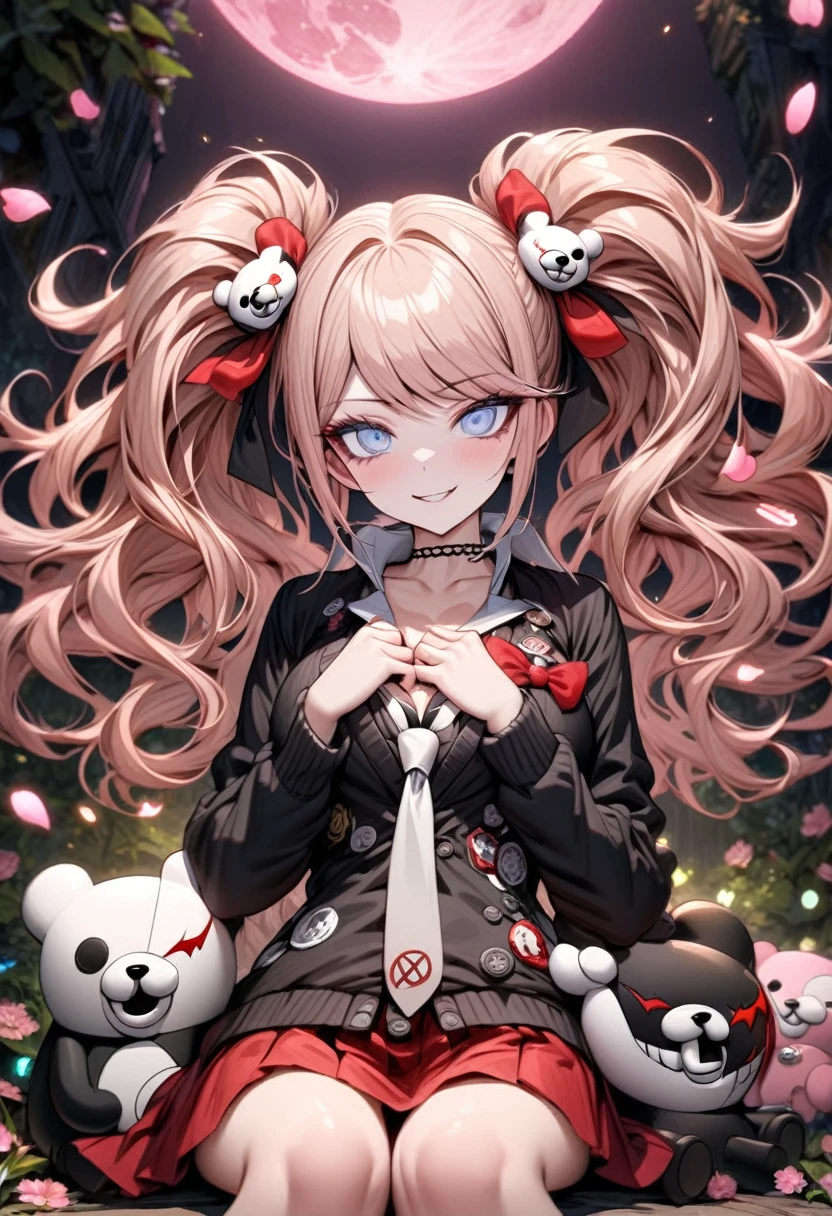 Ultra detailed, highres, absurdres, HDR, master piece, Enoshima Junko, strawberry-blonde hair tied in two twin pigtails, expressive light blue eyes, Danganronpa, black cardigan, white long necktie, red skirt, holding a plushie of Monokuma, pink flowers, petals, fireflies, pink moon, woman sitting, solo, extremely beautiful, very detailed face and eyes, best quality, fantasy, magical, black boots, smirking